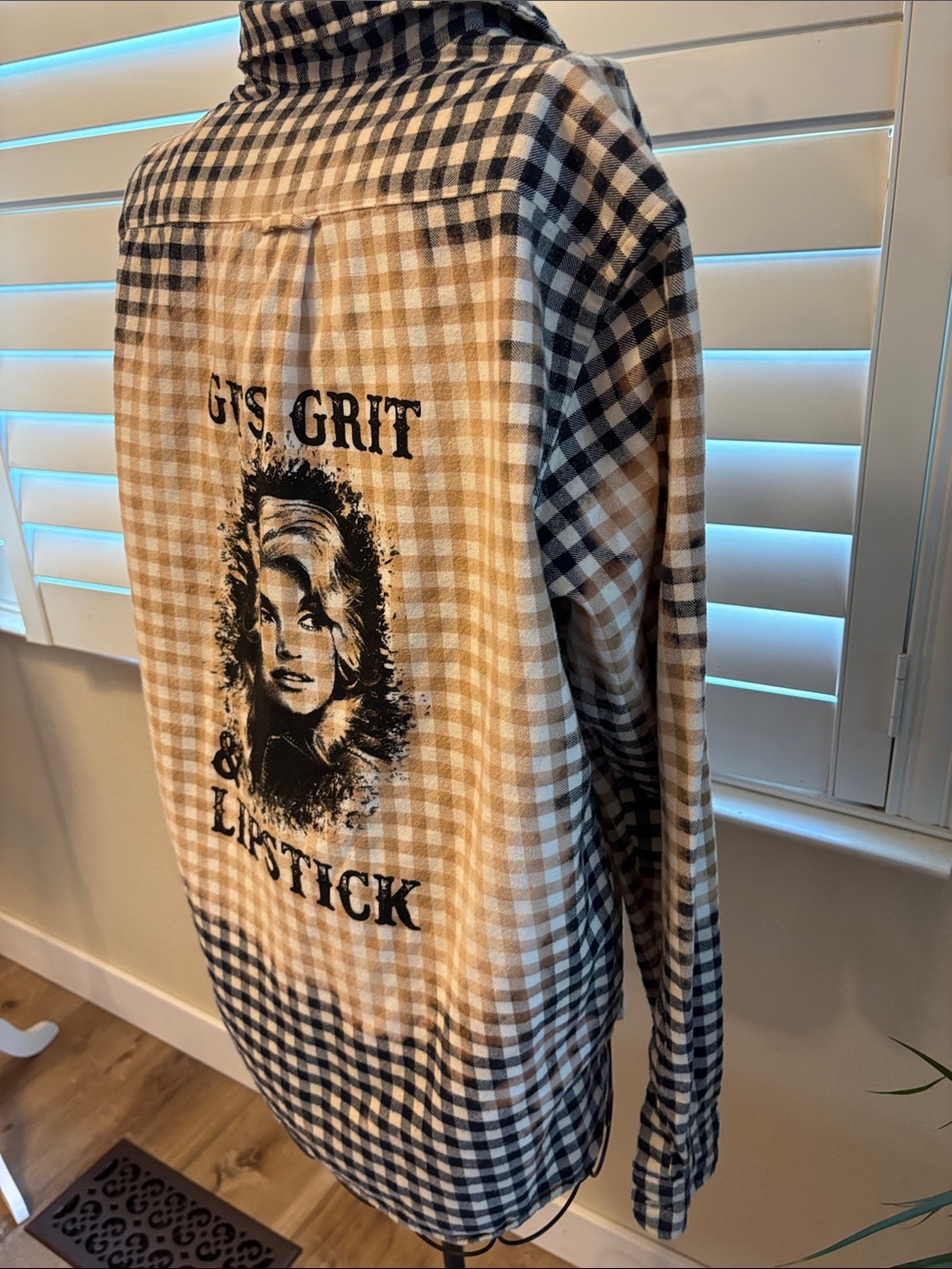Handmade one of a kind distressed Dolly Parton Plaid Button-Up Shirt - Picture 3 of 7